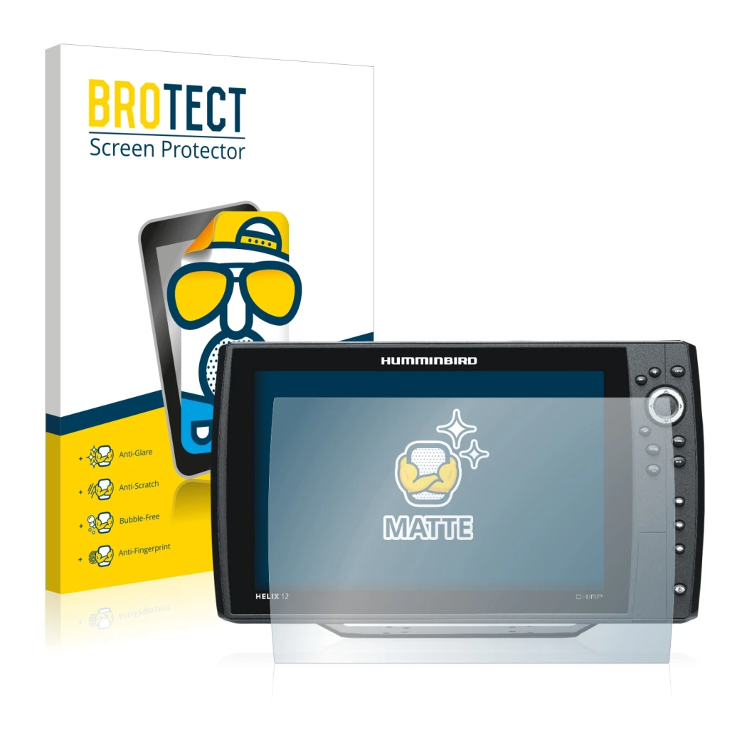 Front side of a product packaging with the brand logo BROTECT. Next to it is the device Humminbird Helix 12 shown with the cor