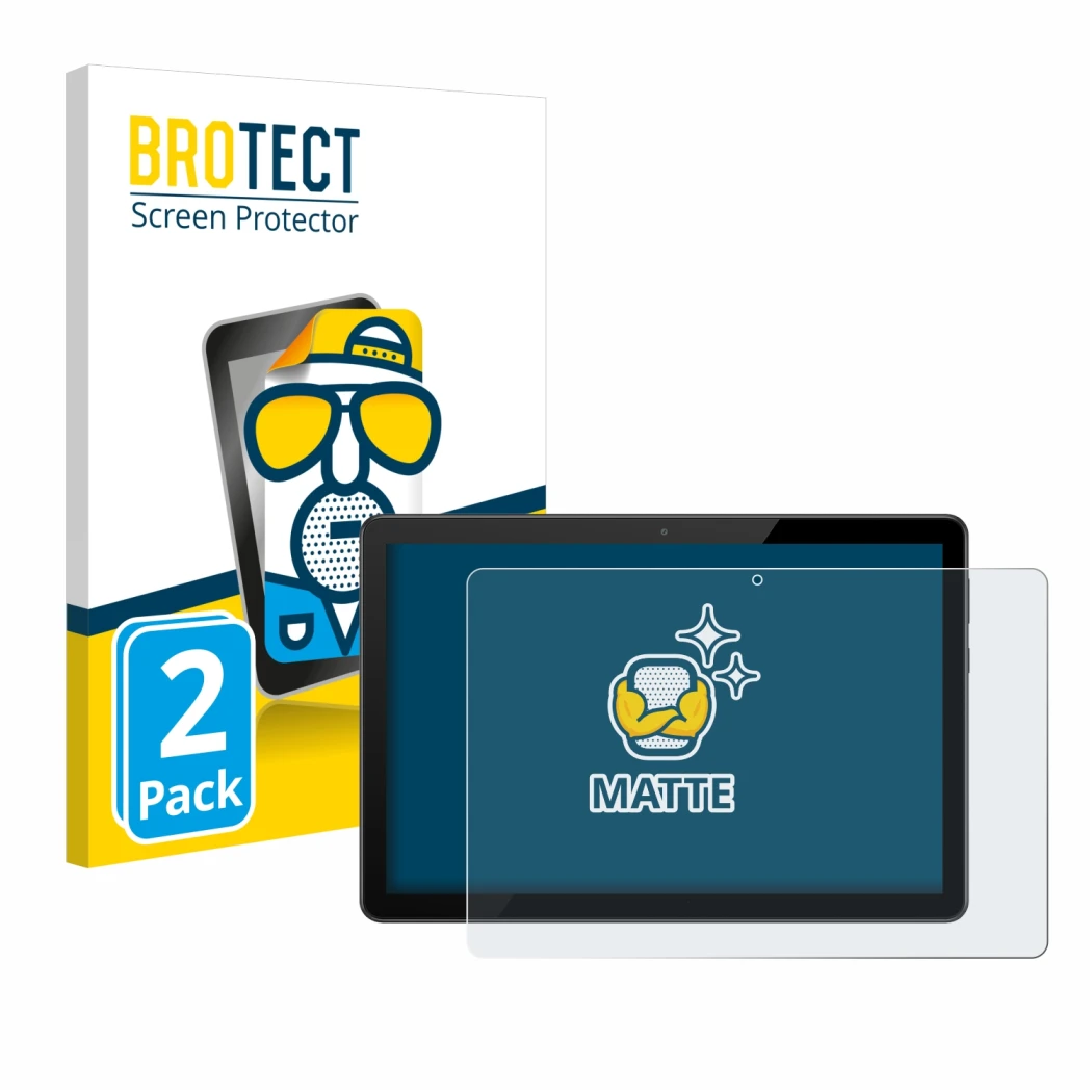 Front side of a product packaging with the brand logo BROTECT. Next to it is the device Huawei MediaPad T5 10 shown with the c