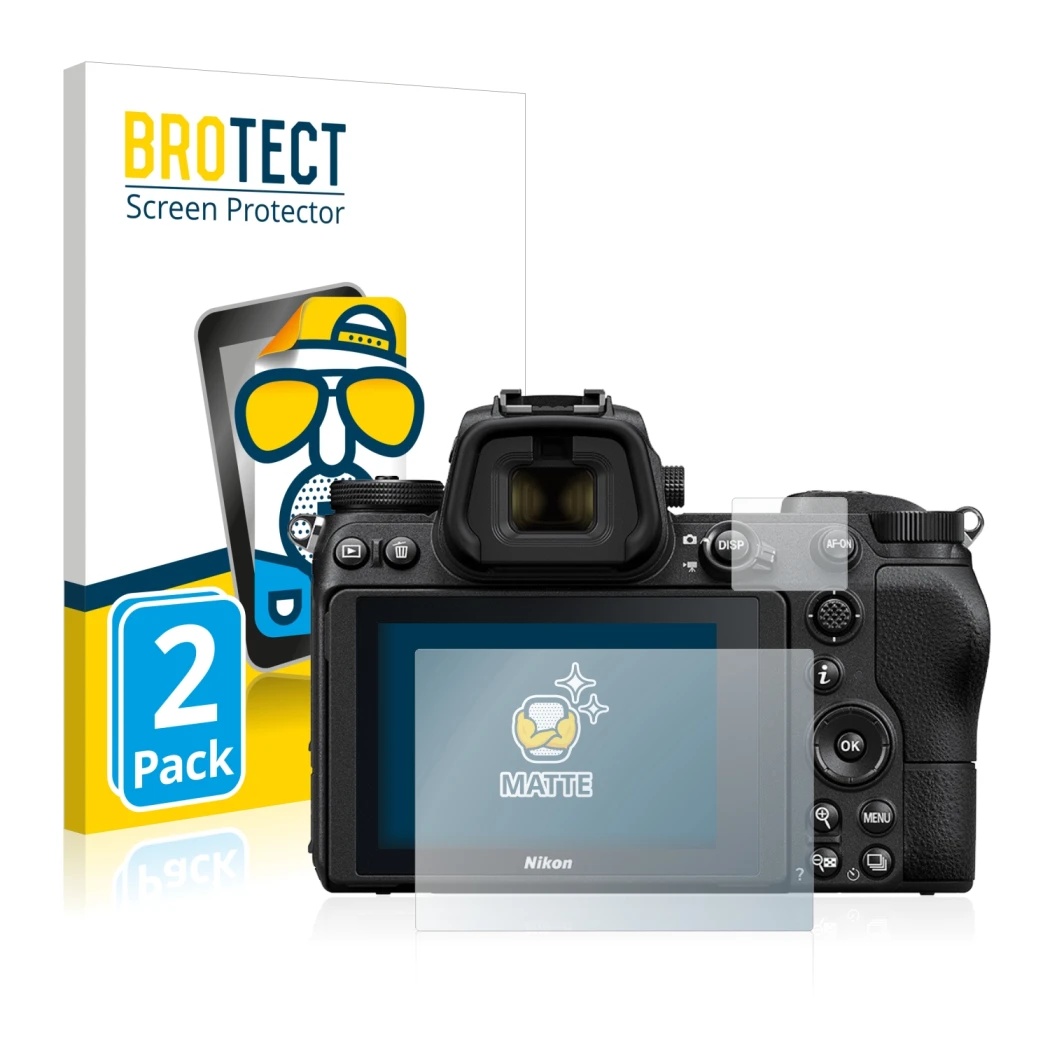 Front side of a product packaging with the brand logo BROTECT. Next to it is the device Nikon Z 6 shown with the corresponding