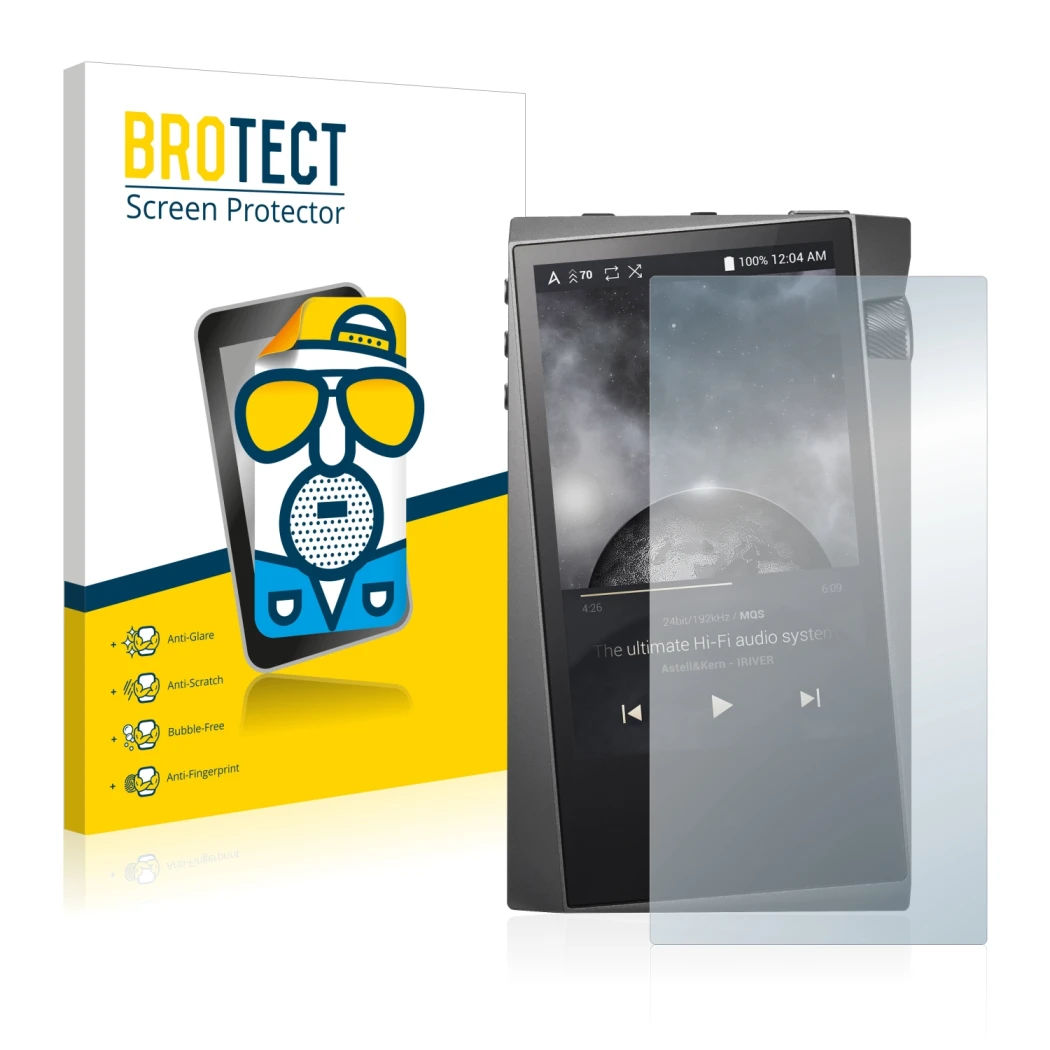 Front side of a product packaging with the brand logo BROTECT. Next to it is the device Astell&Kern A&norma SR15 shown with th