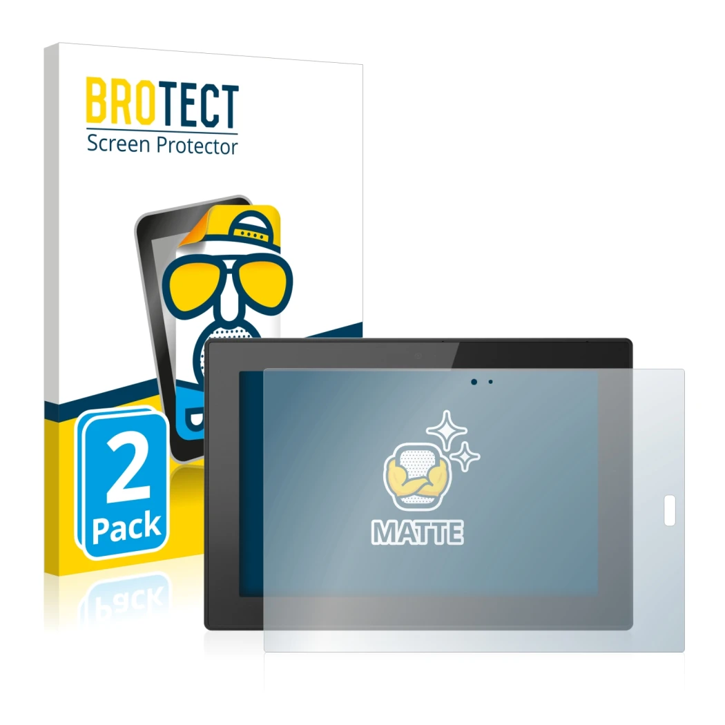 Front side of a product packaging with the brand logo BROTECT. Next to it is the device Lenovo Tablet 10 (3th Gen.) shown with