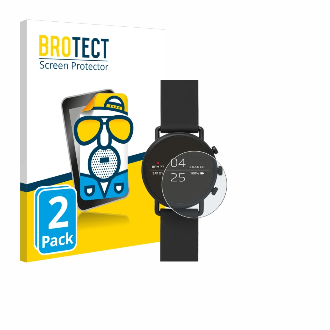 Front side of a product packaging with the brand logo BROTECT. Next to it is the device Skagen Smartwatch Falster 2 shown with