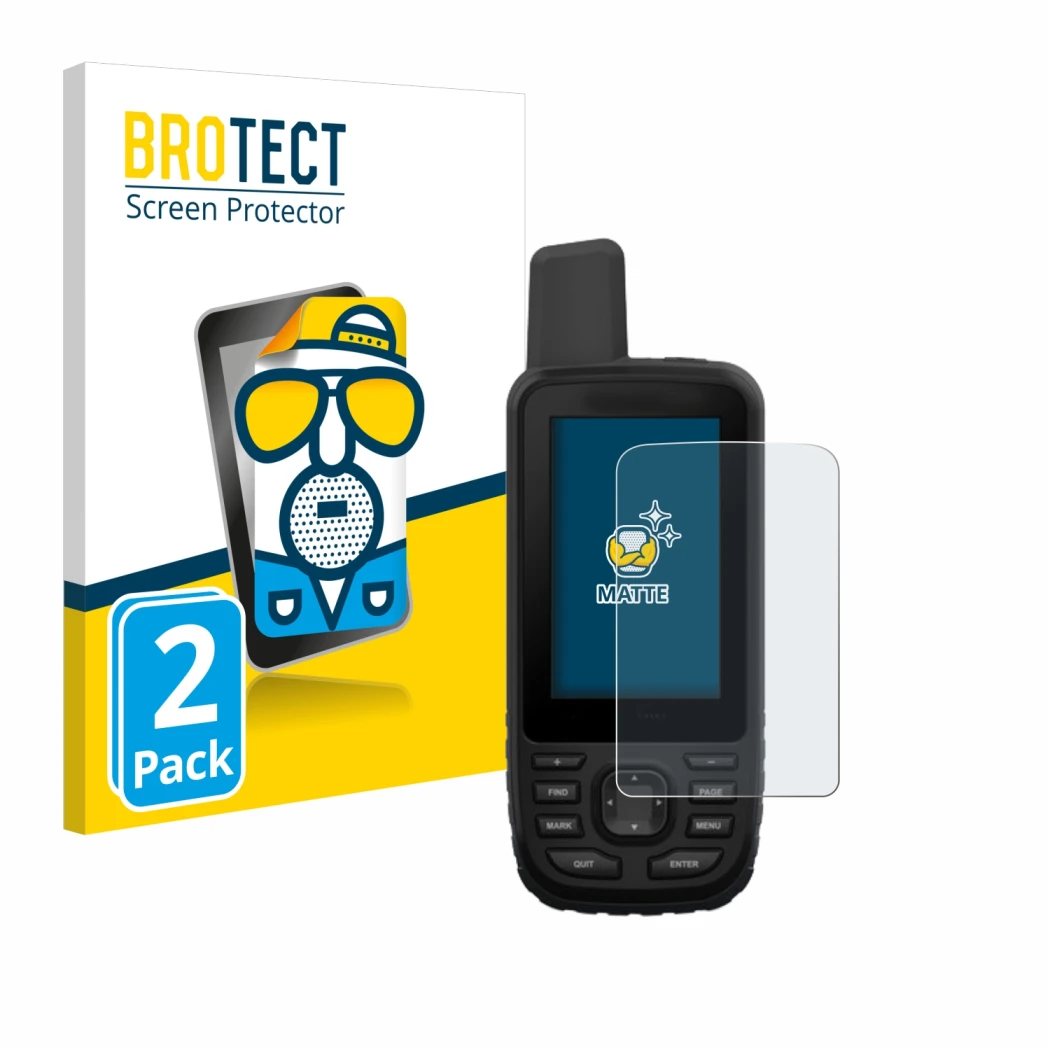 Front side of a product packaging with the brand logo BROTECT. Next to it is the device Garmin GPSMAP 66st shown with the corr