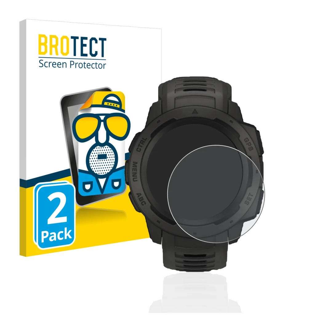 Front side of a product packaging with the brand logo BROTECT. Next to it is the device Garmin Instinct shown with the corresp