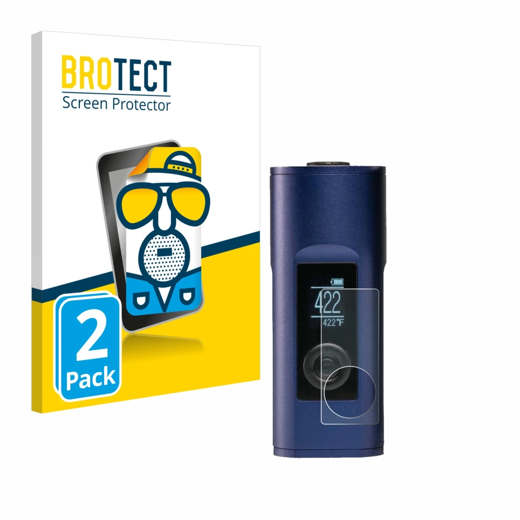 Front side of a product packaging with the brand logo BROTECT. Next to it is the device Arizer Solo 2 shown with the correspon