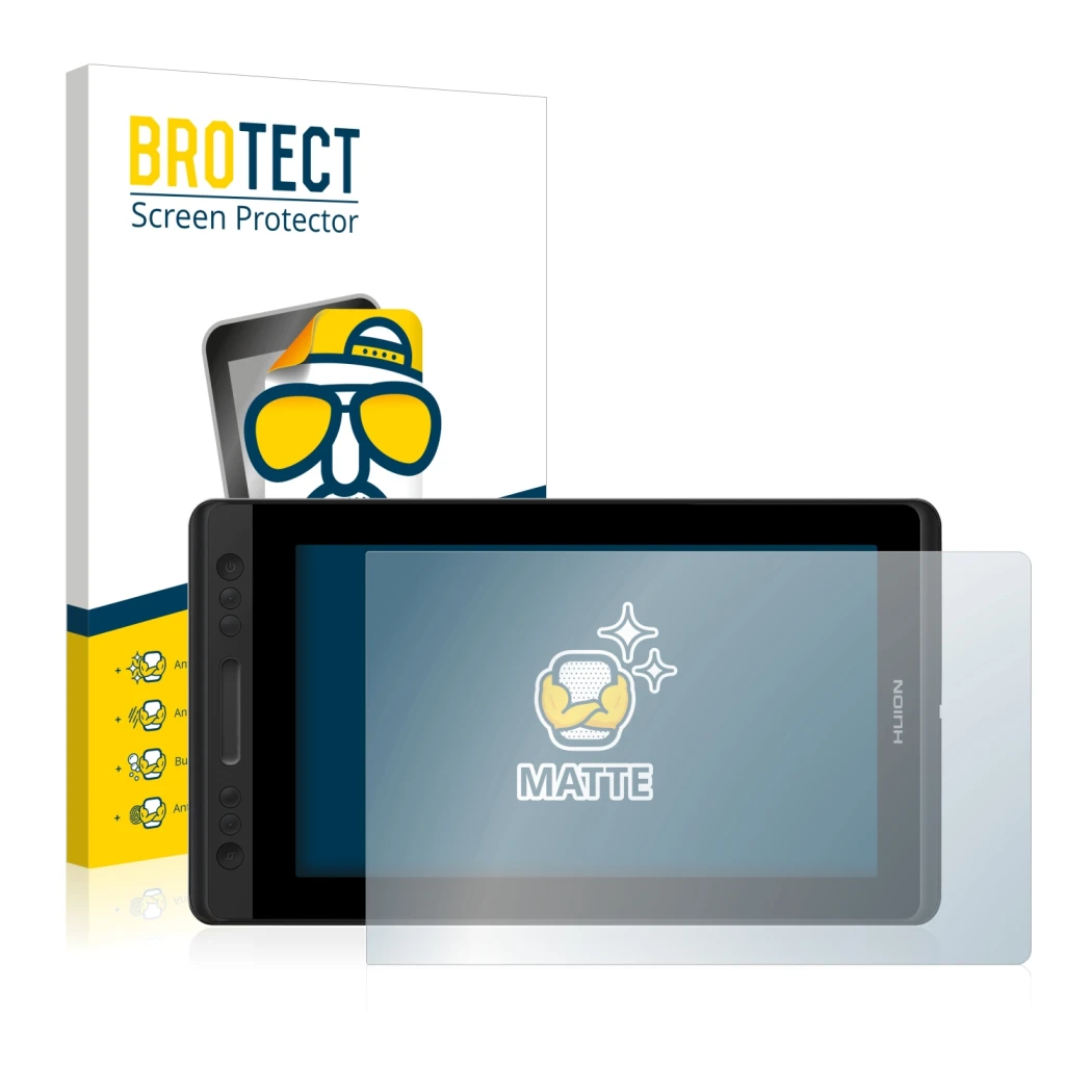 Front side of a product packaging with the brand logo BROTECT. Next to it is the device Huion Kamvas Pro 13 shown with the cor