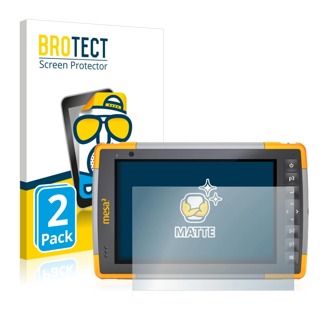 Front side of a product packaging with the brand logo BROTECT. Next to it is the device Juniper Systems Mesa 2 Rugged Tablet s