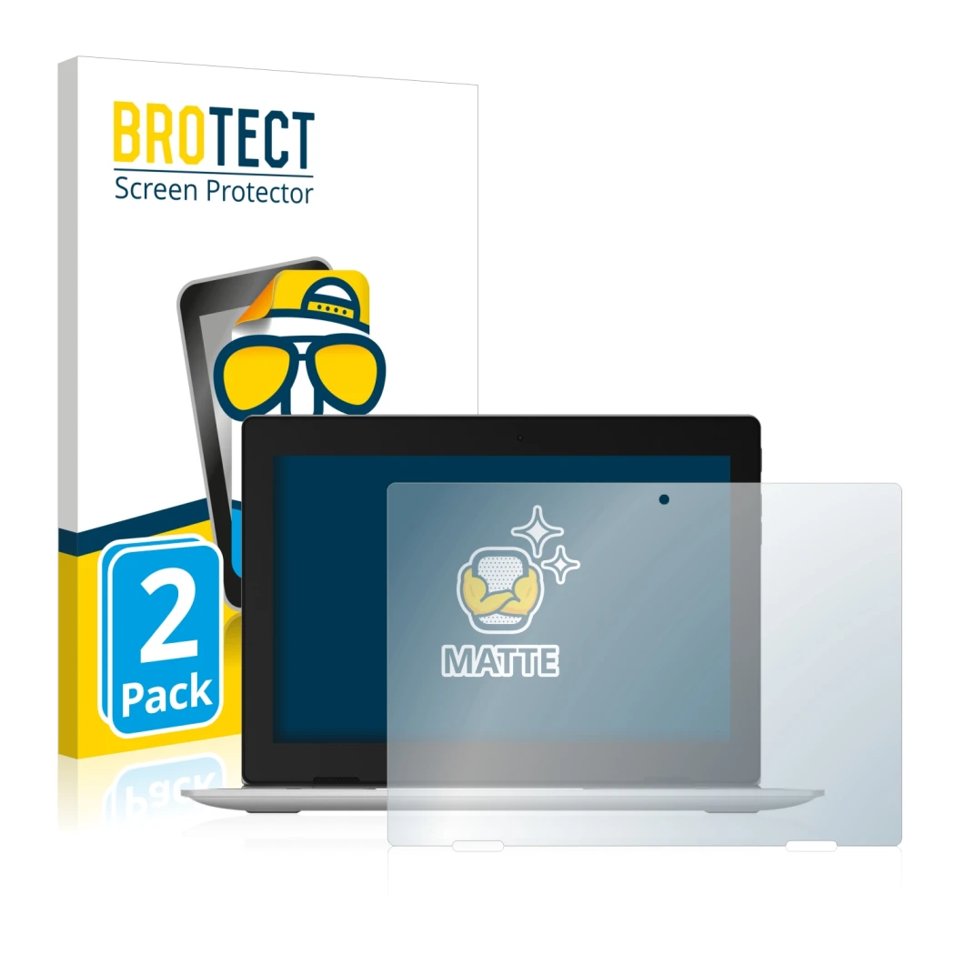 Front side of a product packaging with the brand logo BROTECT. Next to it is the device Lenovo IdeaPad D330 shown with the cor