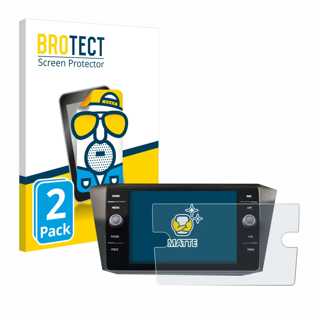 Front side of a product packaging with the brand logo BROTECT. Next to it is the device Volkswagen Tiguan Discover Media 8