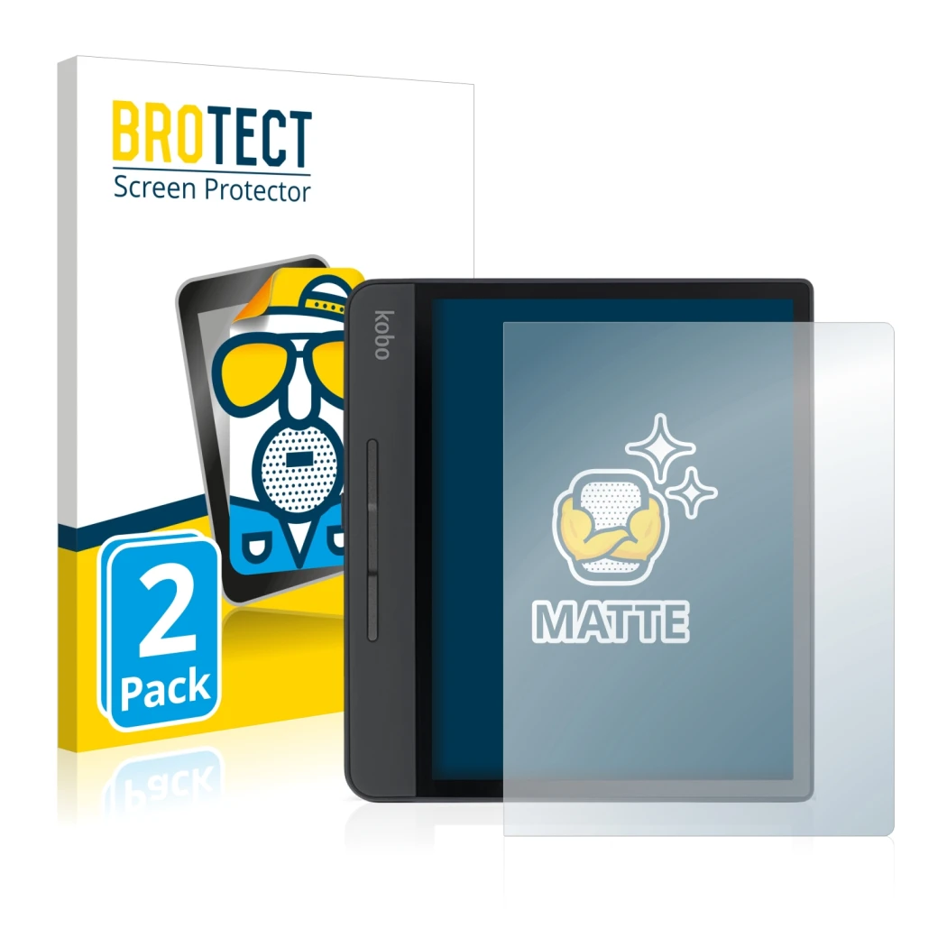 Front side of a product packaging with the brand logo BROTECT. Next to it is the device Kobo Forma shown with the correspondin