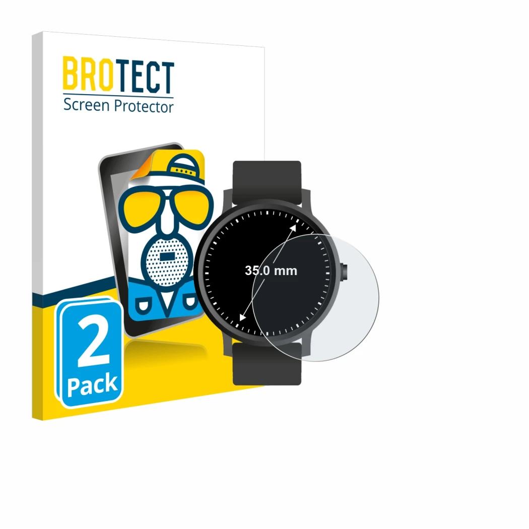 Front side of a product packaging with the brand logo BROTECT. Next to it is the device Circular Displays (ø: 35 mm) shown wit