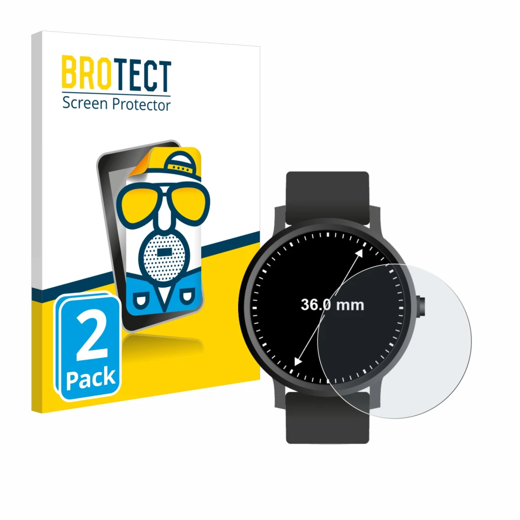 Front side of a product packaging with the brand logo BROTECT. Next to it is the device Circular Displays (ø: 36 mm) shown wit