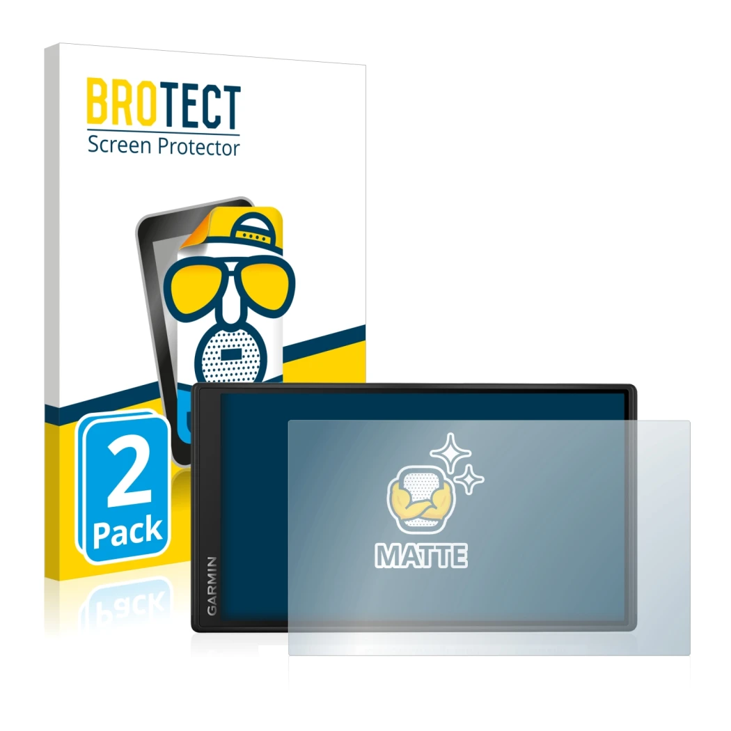 Front side of a product packaging with the brand logo BROTECT. Next to it is the device Garmin DriveSmart 55 shown with the co