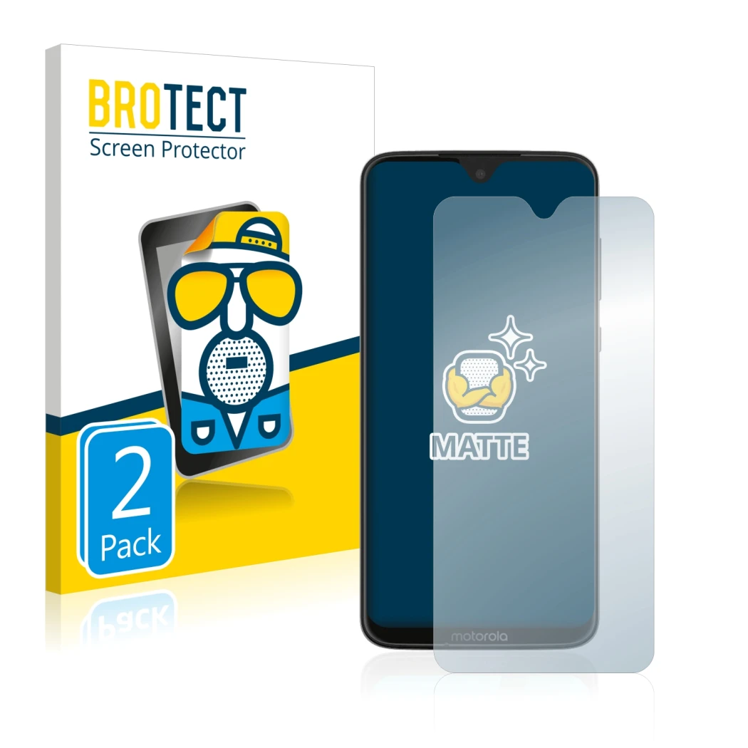 Front side of a product packaging with the brand logo BROTECT. Next to it is the device Motorola Moto G7 Plus shown with the c