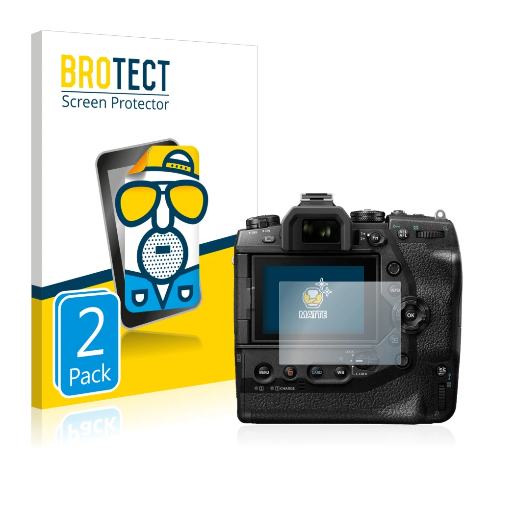 Front side of a product packaging with the brand logo BROTECT. Next to it is the device Olympus OM-D E-M1X shown with the corr