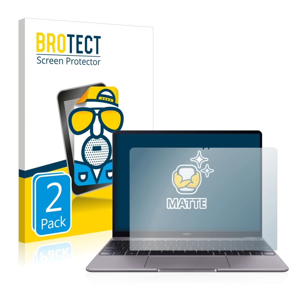 Front side of a product packaging with the brand logo BROTECT. Next to it is the device Huawei MateBook 13 2019 shown with the