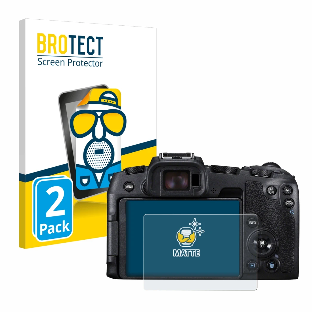 Front side of a product packaging with the brand logo BROTECT. Next to it is the device Canon EOS RP shown with the correspond