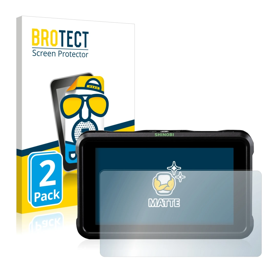 Front side of a product packaging with the brand logo BROTECT. Next to it is the device Atomos Shinobi shown with the correspo