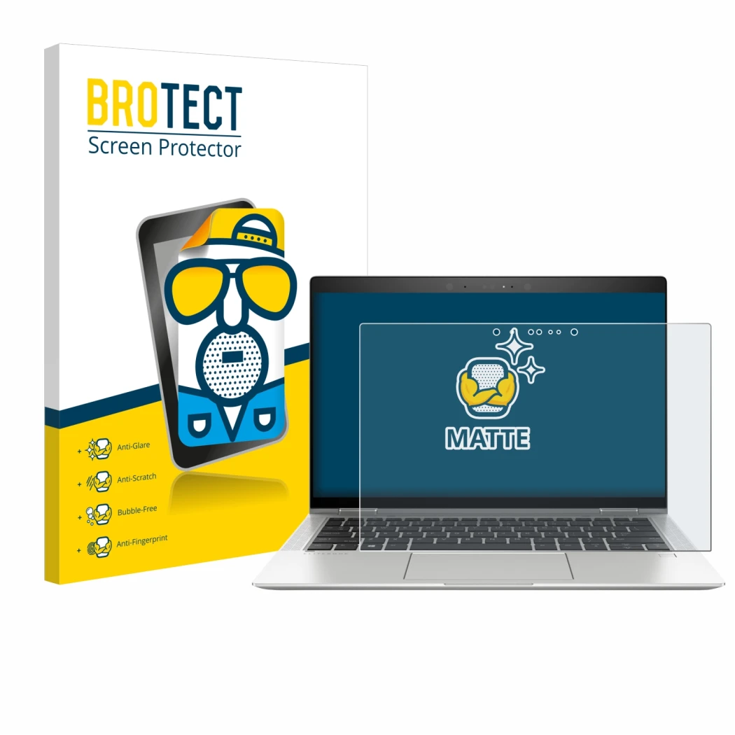 Front side of a product packaging with the brand logo BROTECT. Next to it is the device HP EliteBook x360 1030 G3 shown with t