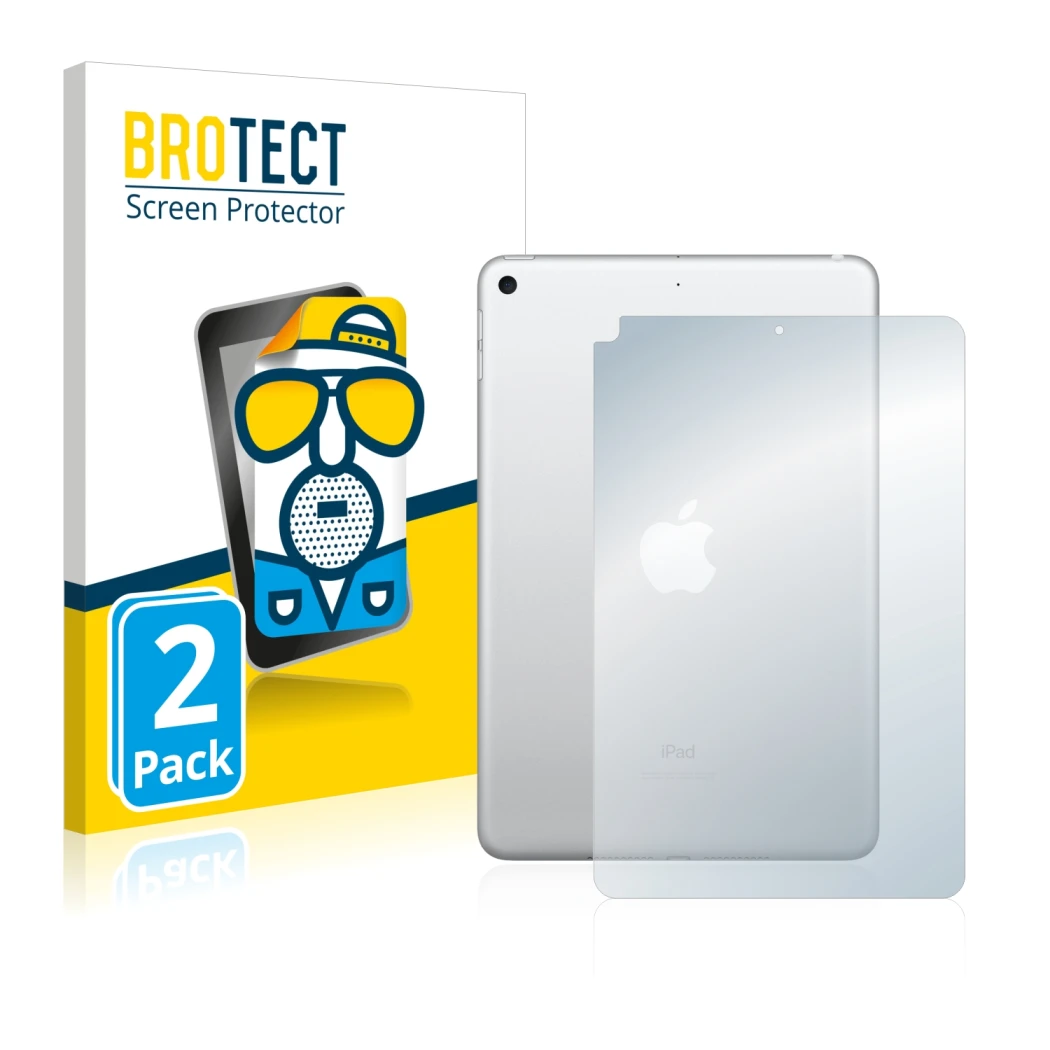 Front side of a product packaging with the brand logo BROTECT. Next to it is the device Apple iPad Mini 5 2019 (Back, 5th Gen.