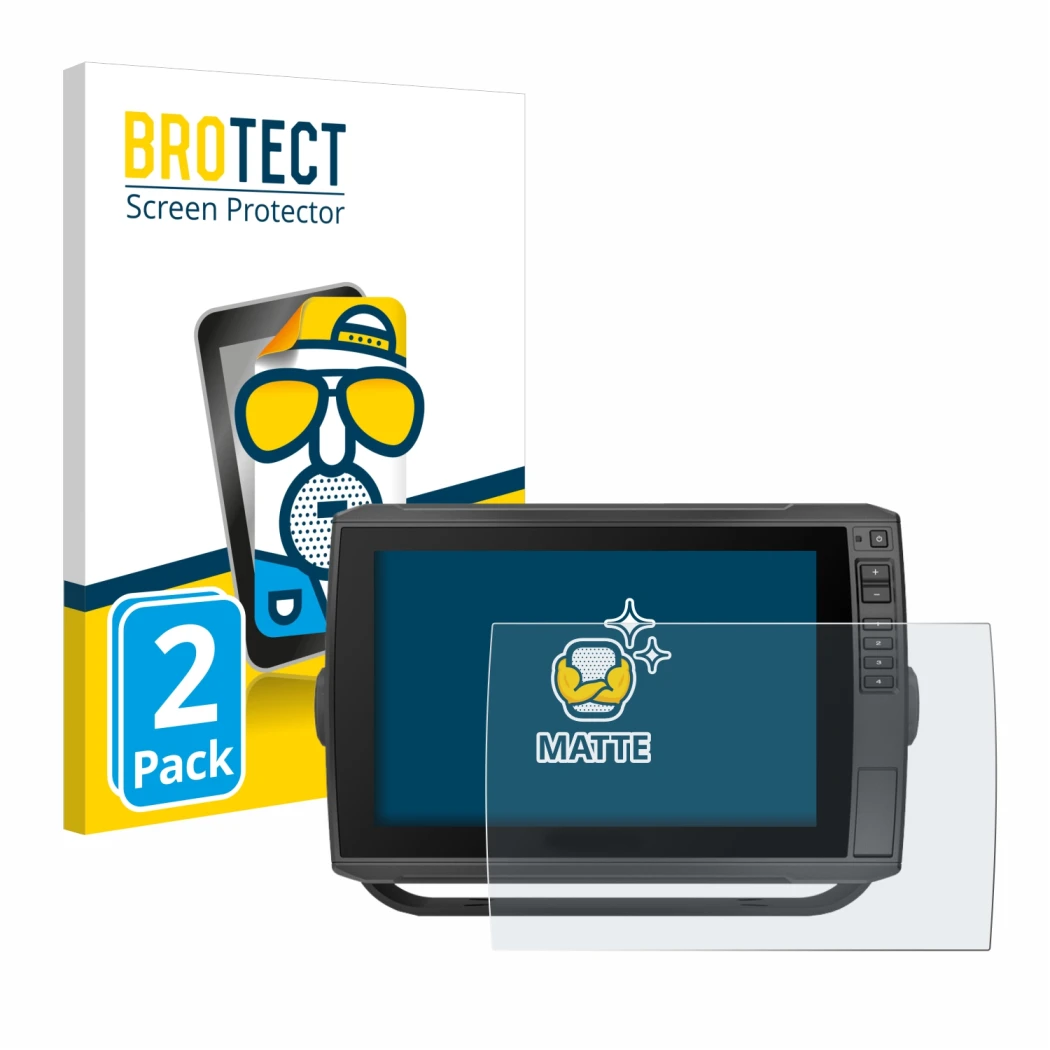 Front side of a product packaging with the brand logo BROTECT. Next to it is the device Garmin ECHOMAP Ultra 102sv shown with 