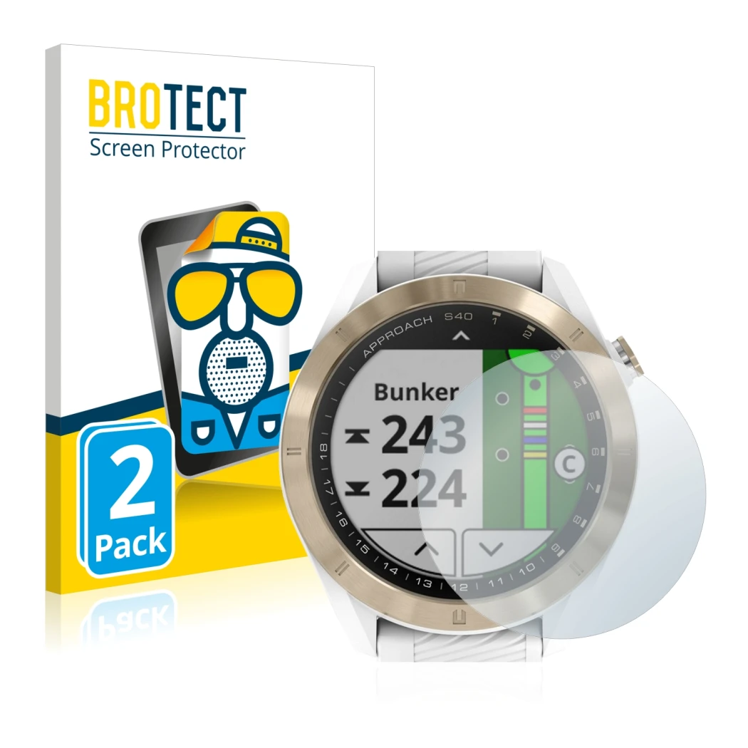 Front side of a product packaging with the brand logo BROTECT. Next to it is the device Garmin Approach S40 shown with the cor
