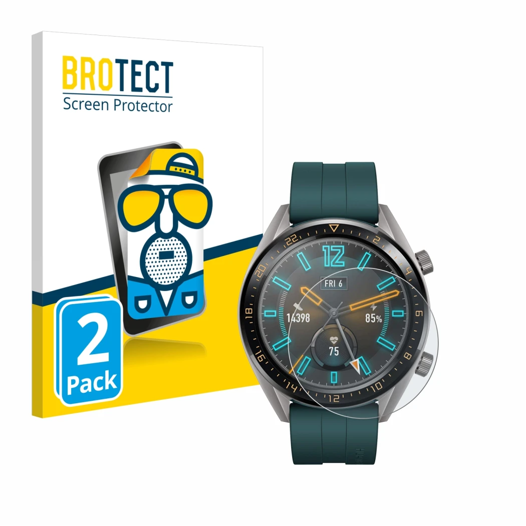 Front side of a product packaging with the brand logo BROTECT. Next to it is the device Huawei Watch GT Active shown with the 