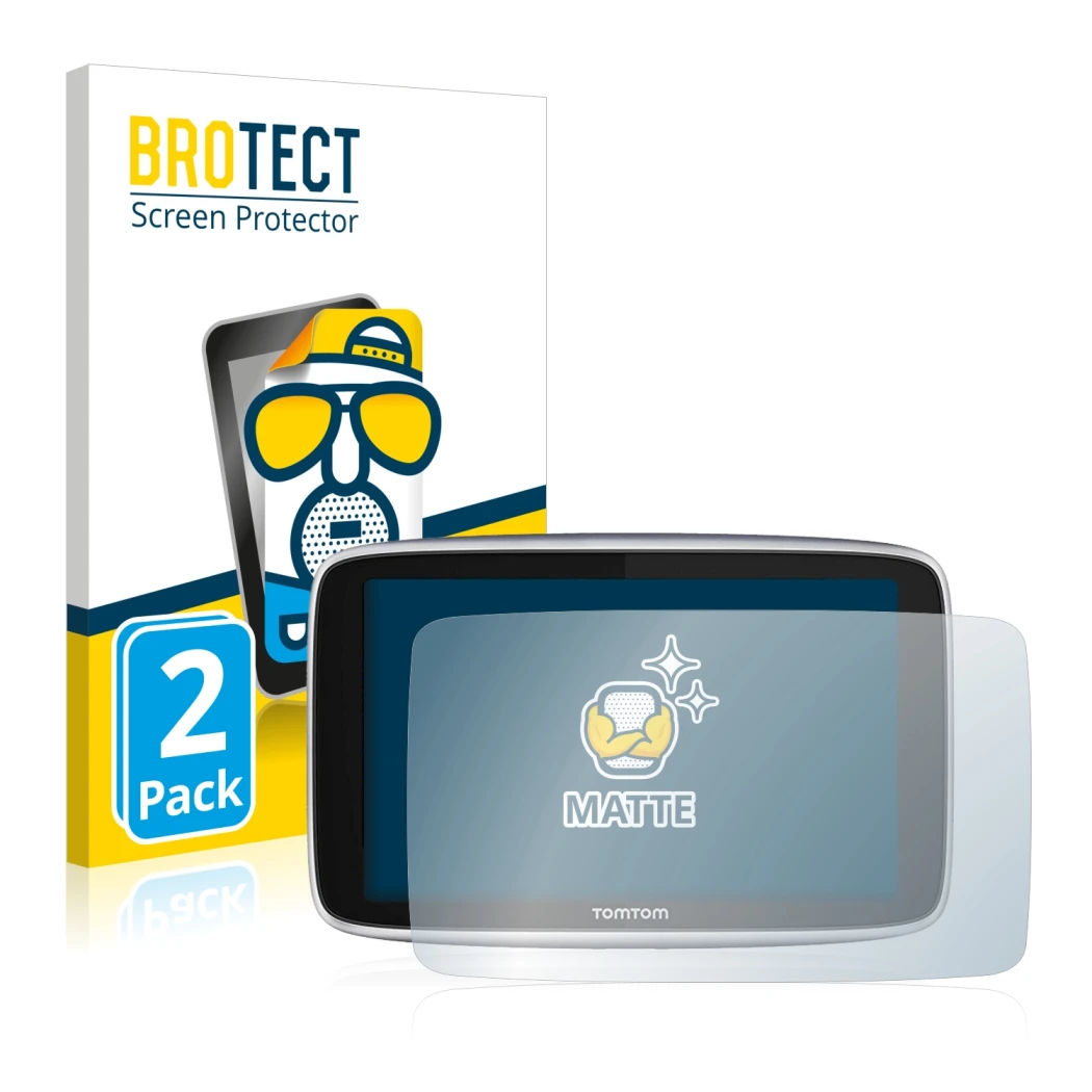 Front side of a product packaging with the brand logo BROTECT. Next to it is the device TomTom GO Premium (5