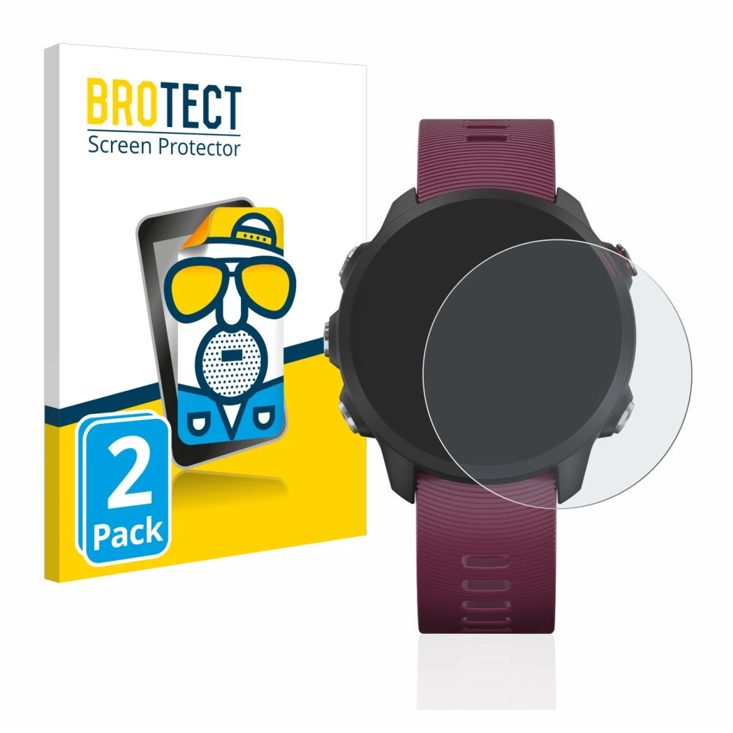 Front side of a product packaging with the brand logo BROTECT. Next to it is the device Garmin Forerunner 245 shown with the c