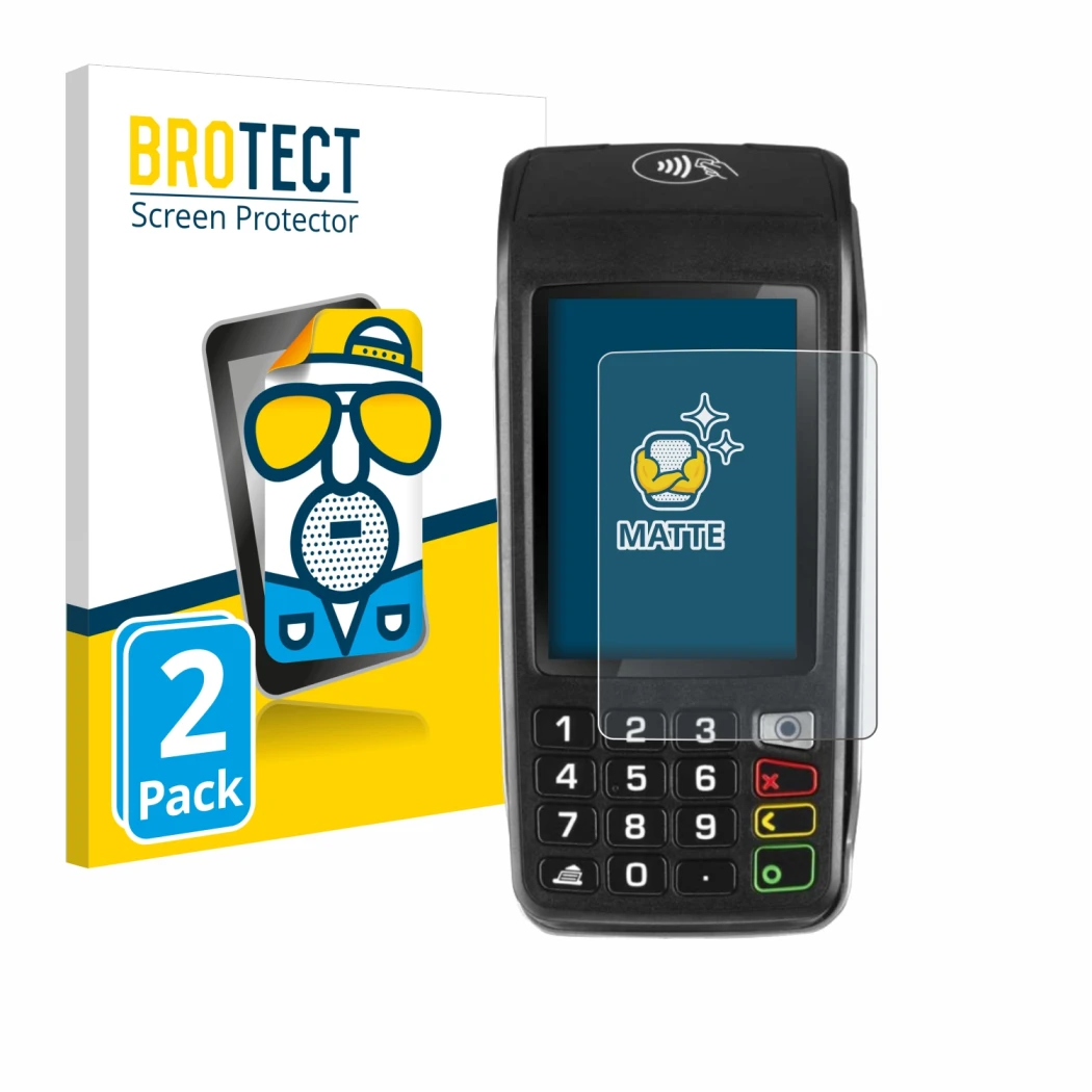 Front side of a product packaging with the brand logo BROTECT. Next to it is the device ingenico Move/5000 shown with the corr