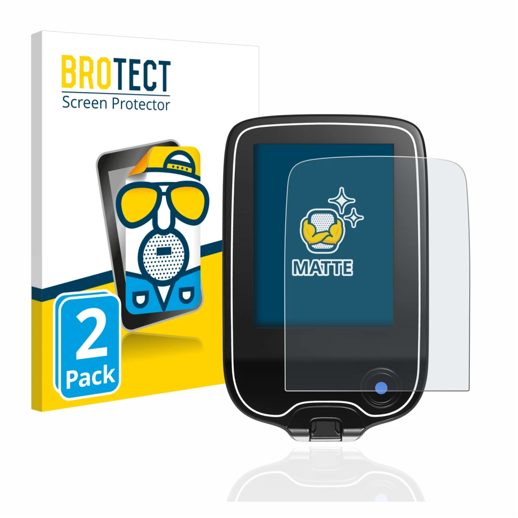 Front side of a product packaging with the brand logo BROTECT. Next to it is the device Freestyle Libre 2 shown with the corre