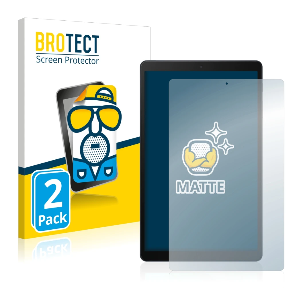 Front side of a product packaging with the brand logo BROTECT. Next to it is the device Samsung Galaxy Tab A 10.1 2019 shown w