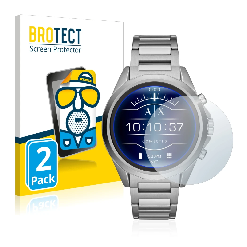 Front side of a product packaging with the brand logo BROTECT. Next to it is the device Emporio Armani Connected Exchange AXT2