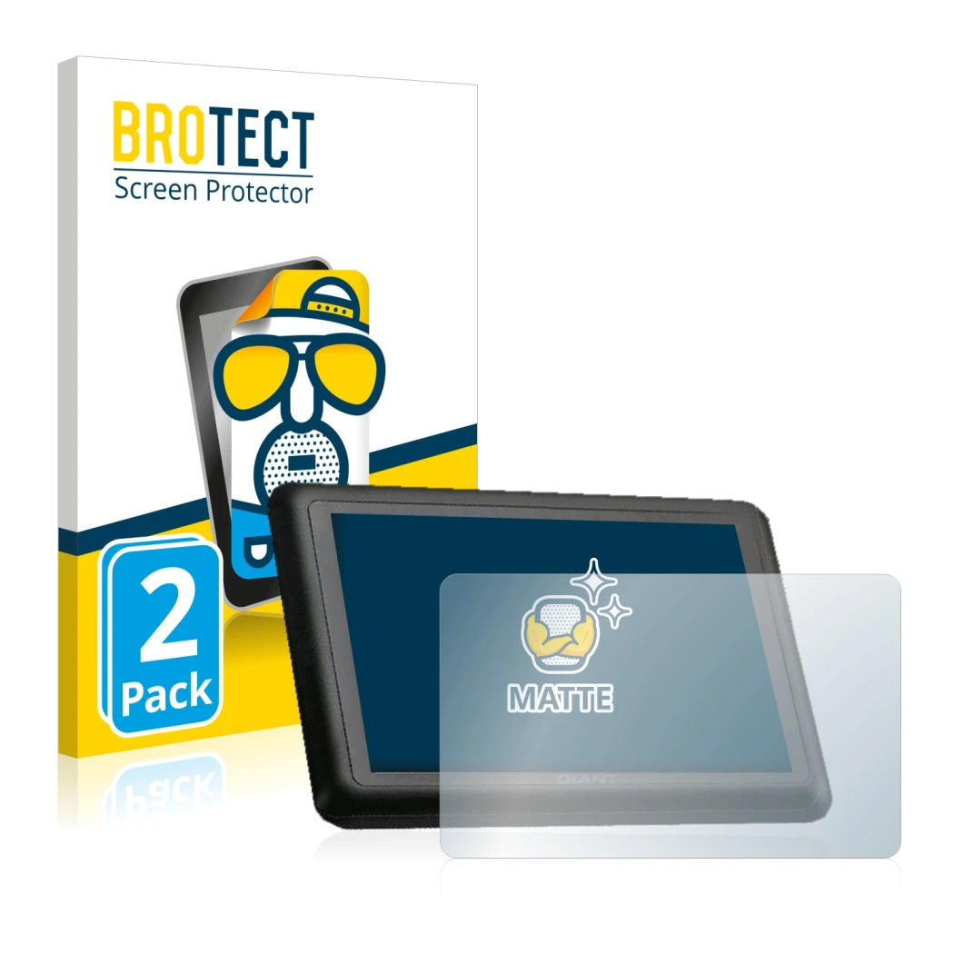 Front side of a product packaging with the brand logo BROTECT. Next to it is the device Giant RideControl Charge shown with th