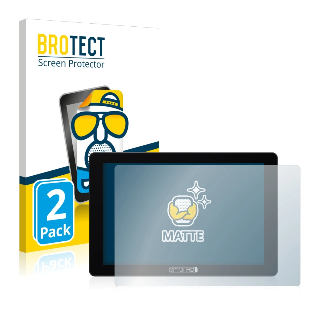 Front side of a product packaging with the brand logo BROTECT. Next to it is the device SmallHD 702 Touch shown with the corre