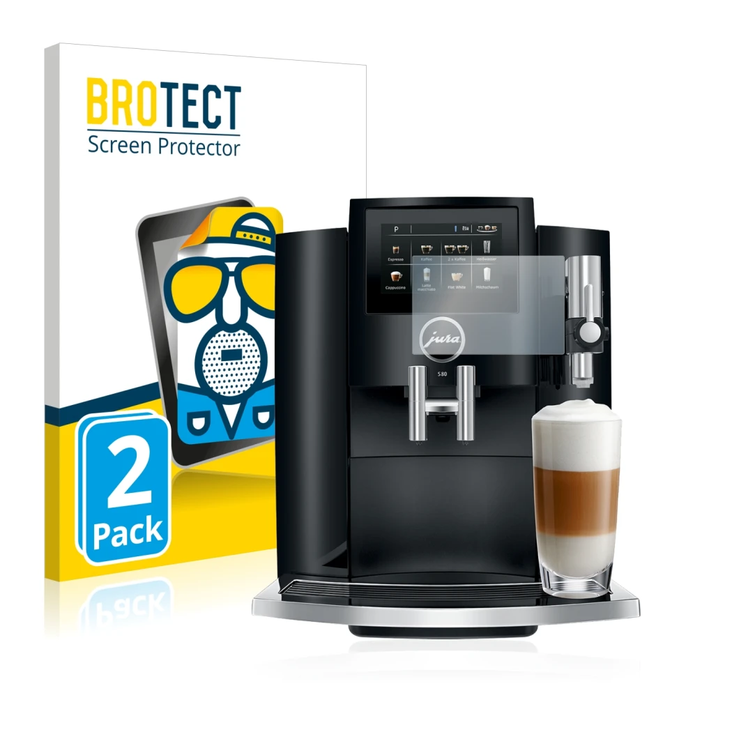 Front side of a product packaging with the brand logo BROTECT. Next to it is the device Jura S8 shown with the corresponding s