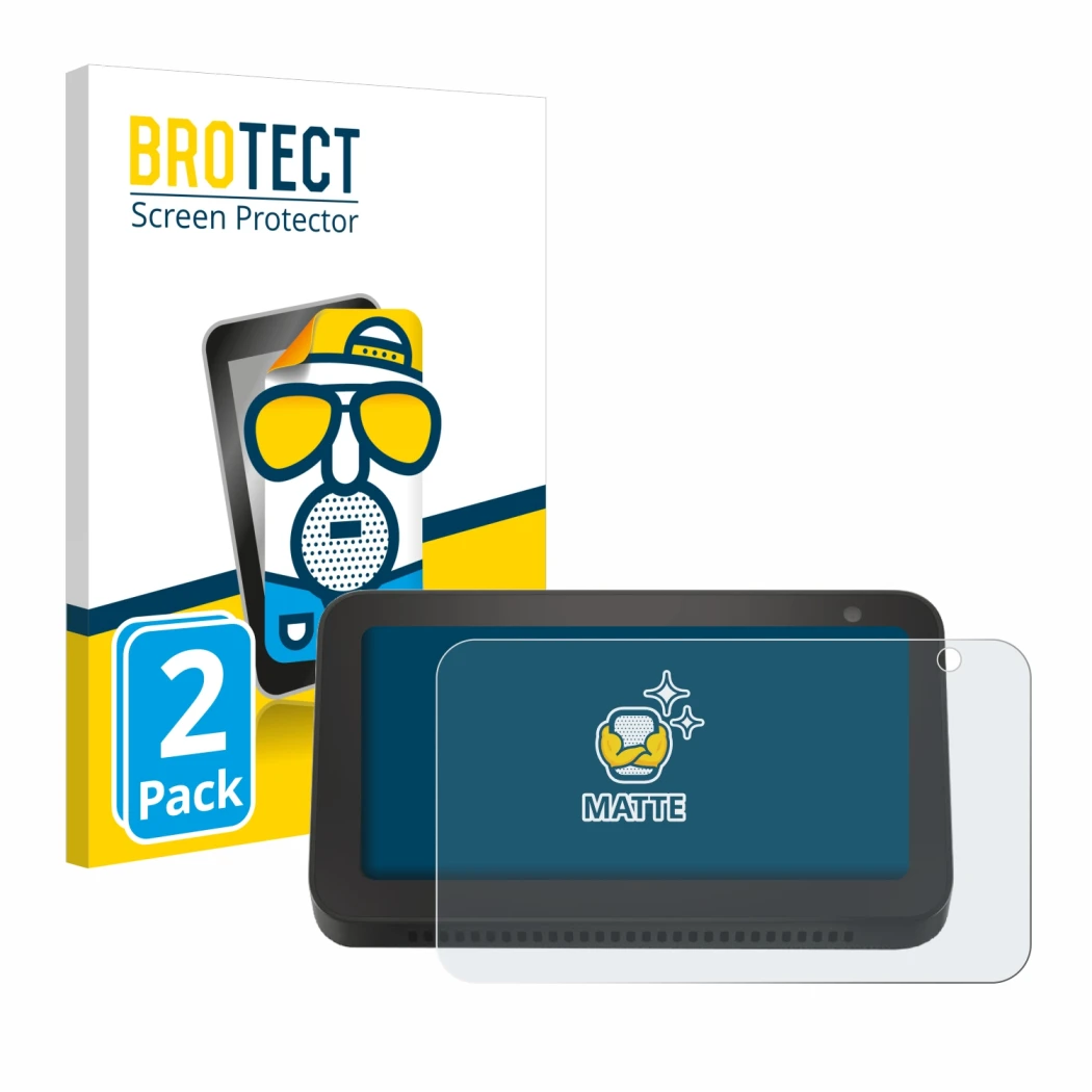Front side of a product packaging with the brand logo BROTECT. Next to it is the device Amazon Echo Show 5 (2nd Gen.) shown wi