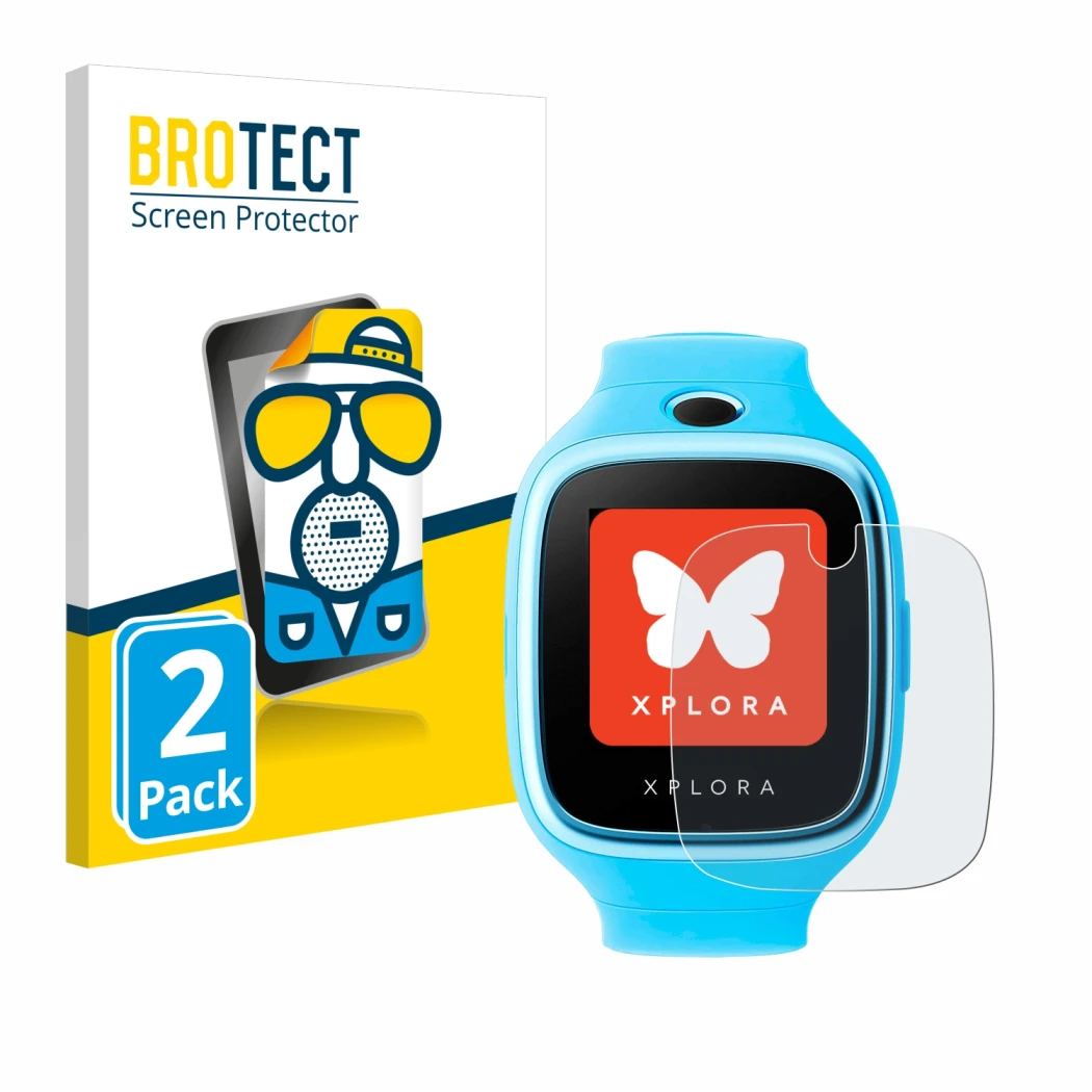 Front side of a product packaging with the brand logo BROTECT. Next to it is the device Xplora Go shown with the corresponding