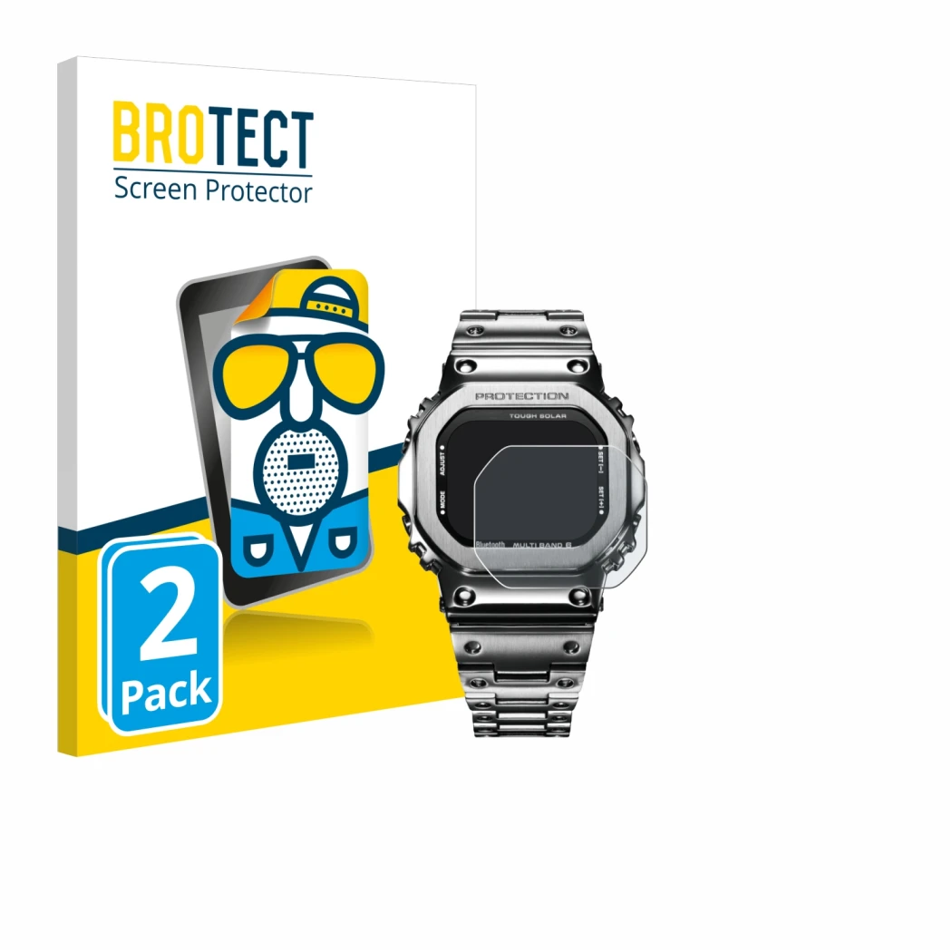 Front side of a product packaging with the brand logo BROTECT. Next to it is the device Casio G-Shock GMW-B5000D-1ER shown wit