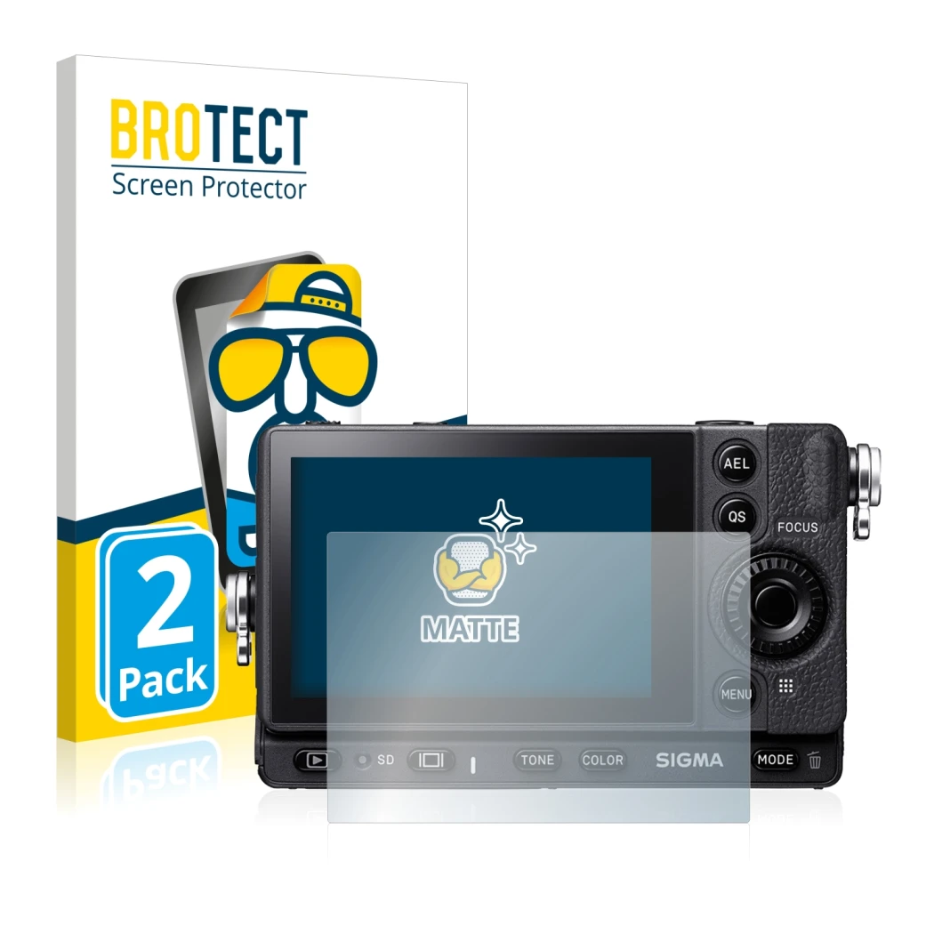 Front side of a product packaging with the brand logo BROTECT. Next to it is the device Sigma FP shown with the corresponding 