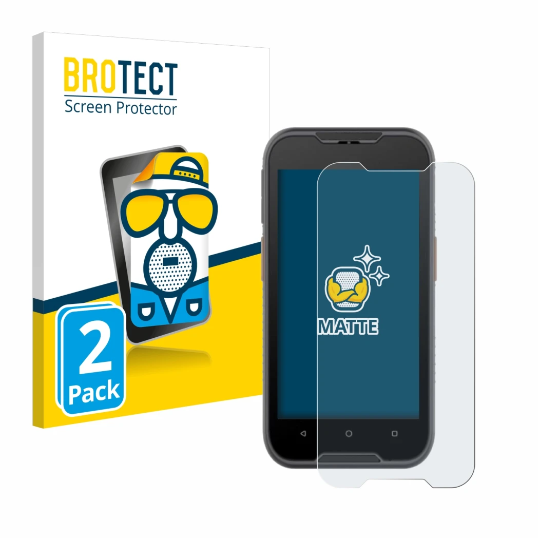 Front side of a product packaging with the brand logo BROTECT. Next to it is the device Datalogic Memor 10 shown with the corr