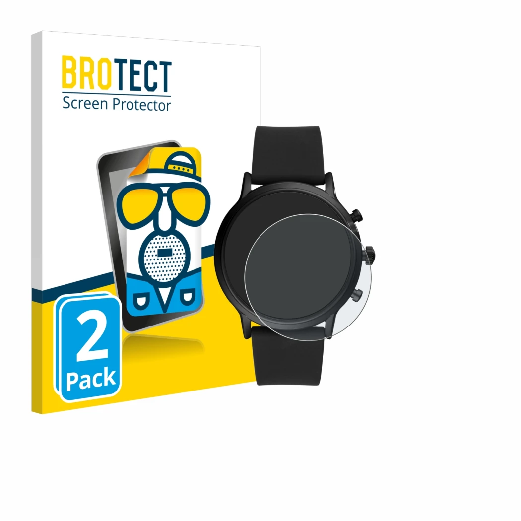 Front side of a product packaging with the brand logo BROTECT. Next to it is the device Fossil The Carlyle HR (5.Gen) shown wi