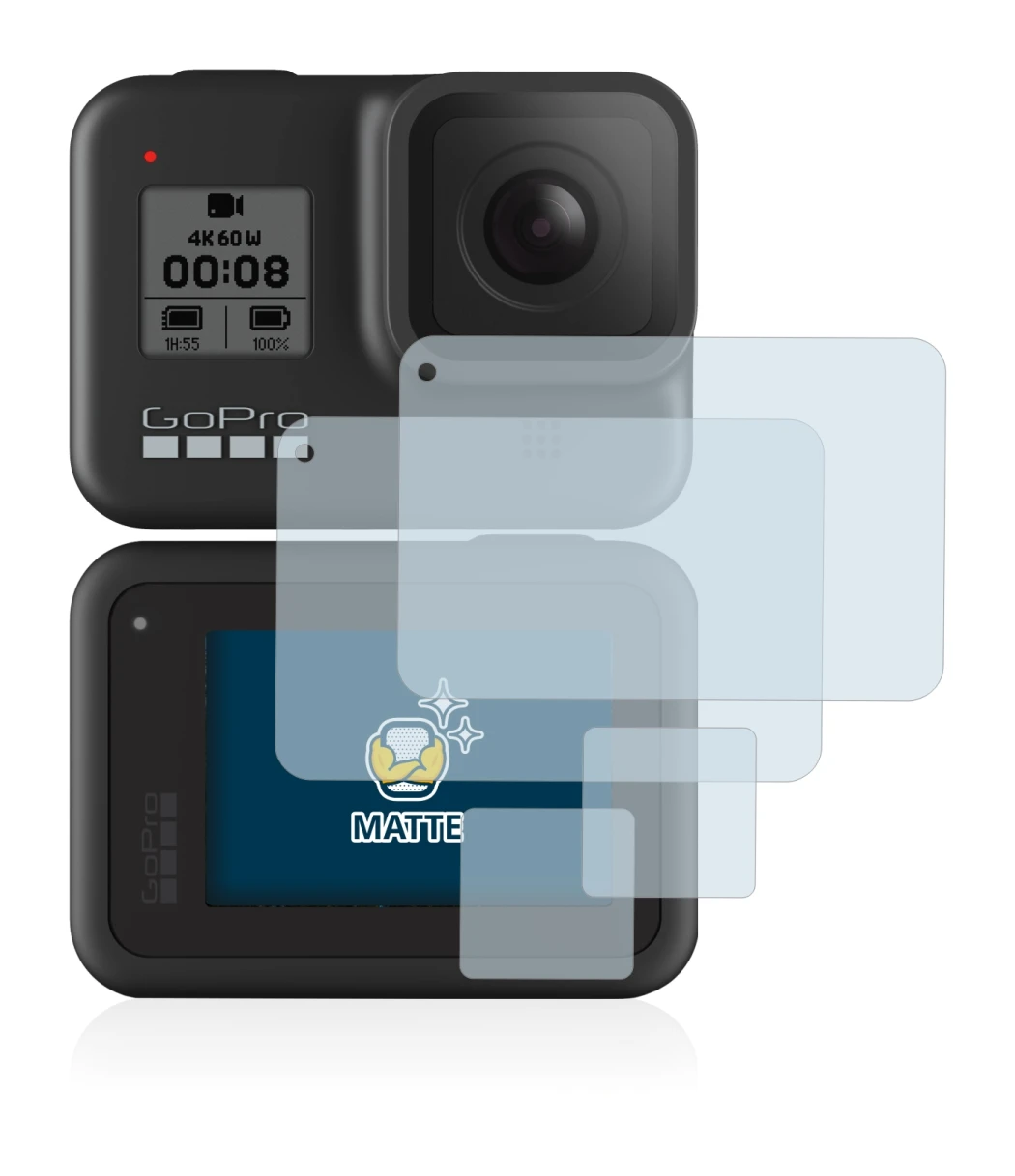 Image of the device GoPro Hero 8 Black with a wide variety of screen protectors.