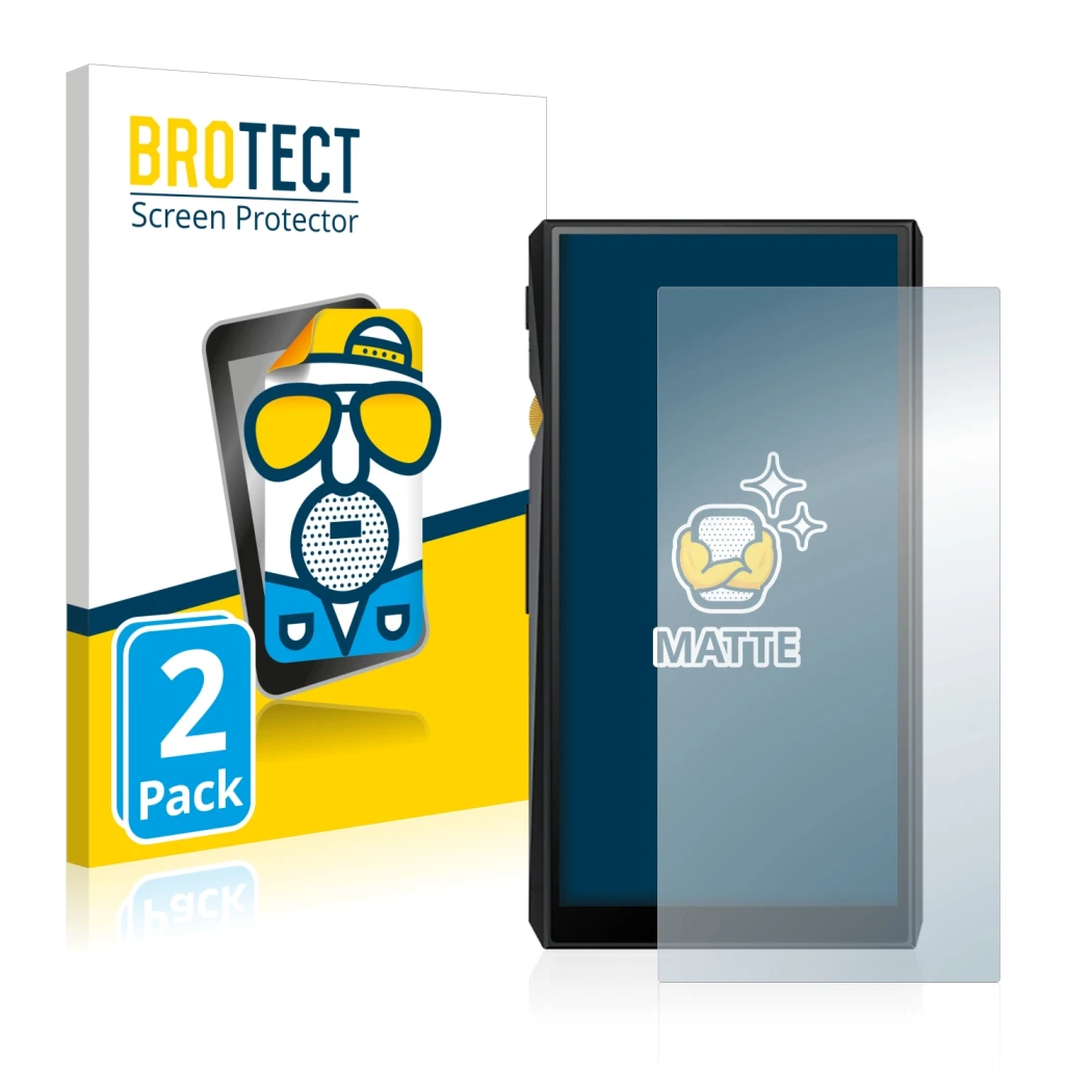 Front side of a product packaging with the brand logo BROTECT. Next to it is the device FiiO M11 shown with the corresponding 