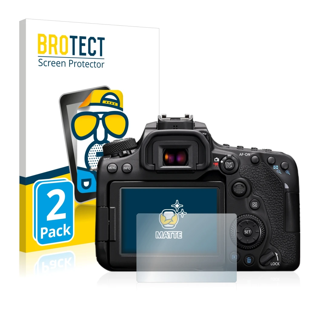 Front side of a product packaging with the brand logo BROTECT. Next to it is the device Canon EOS 90D shown with the correspon