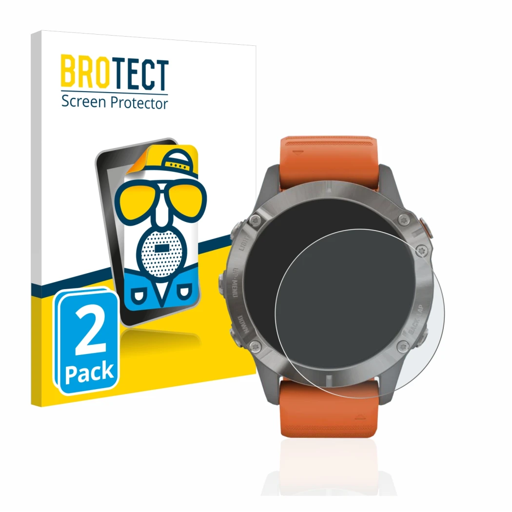Front side of a product packaging with the brand logo BROTECT. Next to it is the device Garmin Fenix 6 Pro shown with the corr