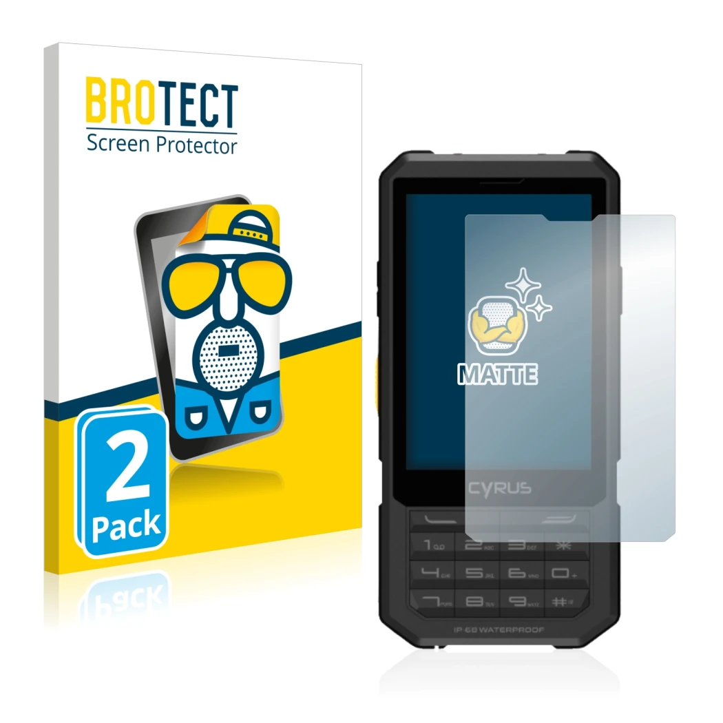 Front side of a product packaging with the brand logo BROTECT. Next to it is the device Cyrus CM 17 Hybrid shown with the corr