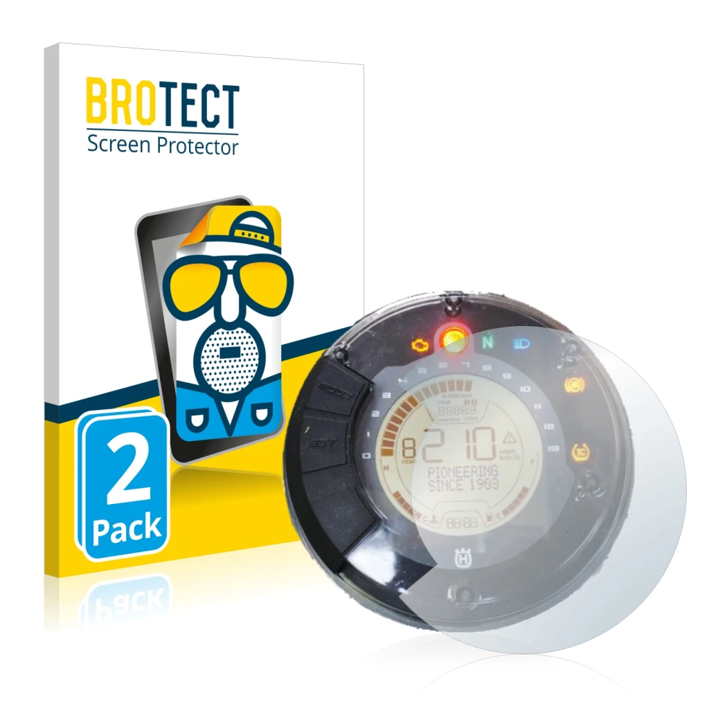 Front side of a product packaging with the brand logo BROTECT. Next to it is the device Husqvarna Vitpilen 701 Speedometer dis