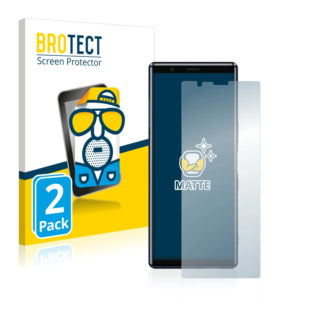 Front side of a product packaging with the brand logo BROTECT. Next to it is the device Sony Xperia 5 shown with the correspon