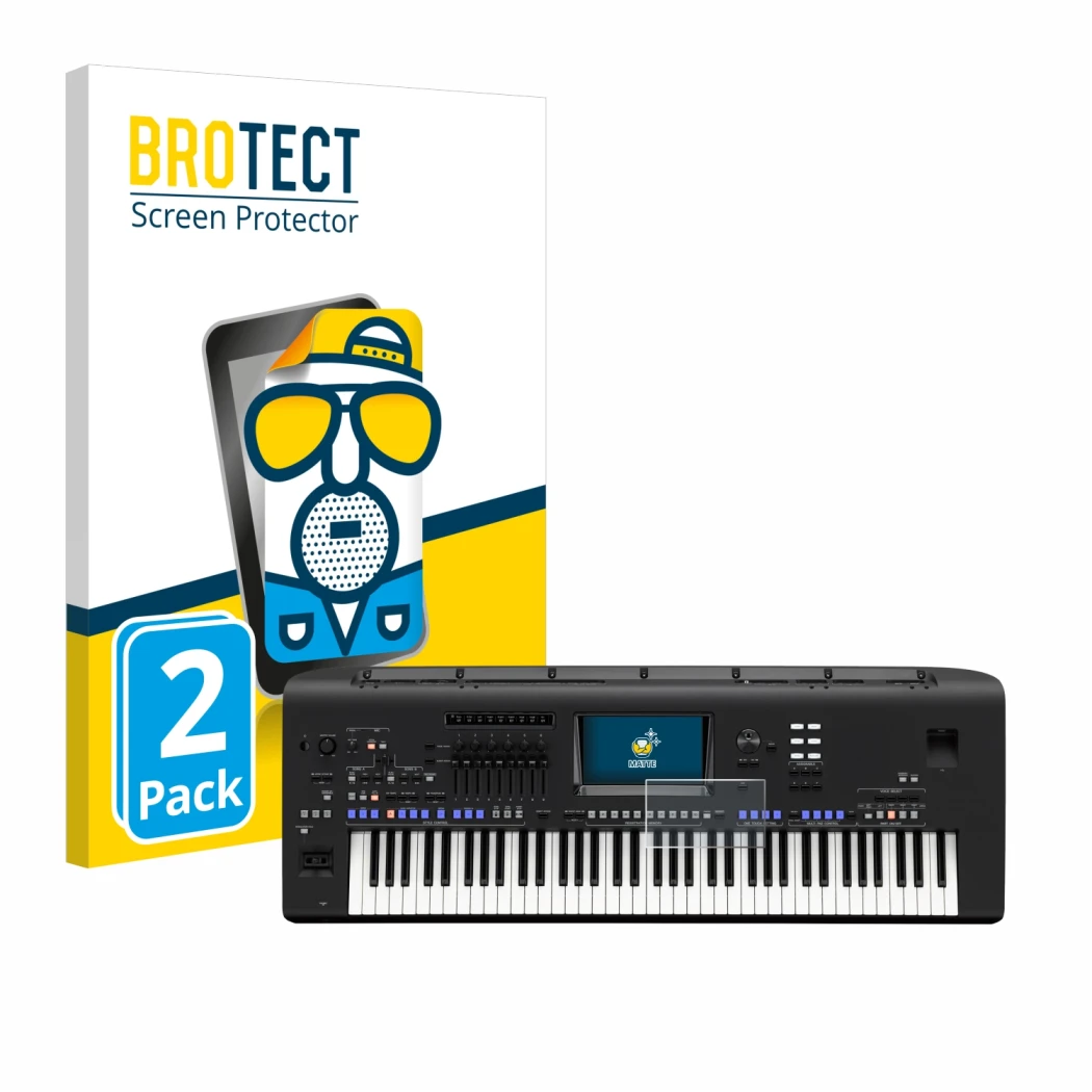 Front side of a product packaging with the brand logo BROTECT. Next to it is the device Yamaha Genos shown with the correspond